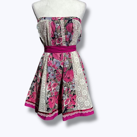 VTG 70s Carefree Fashions Floral Lace Panel Skirt Dress Cottage Prairie Hippie - Picture 6 of 12